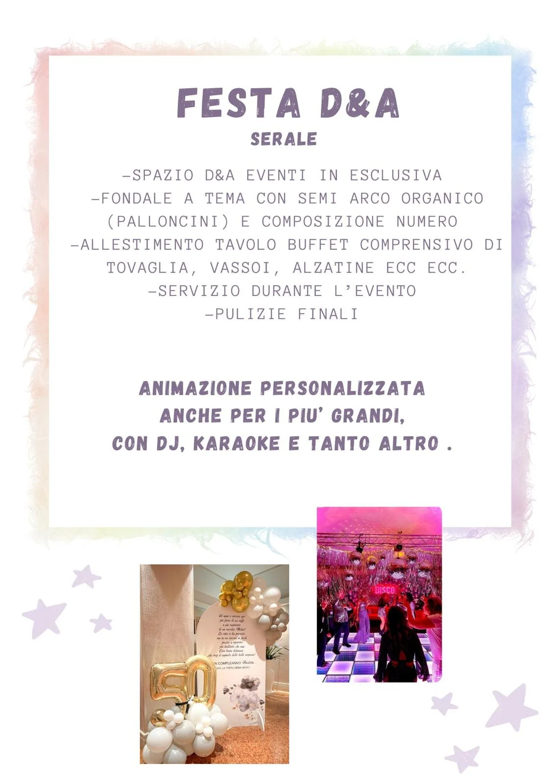 Volantino pubblicitario per una festa privata con descrizione dell'evento e immagini di decorazioni e musica da discoteca.
