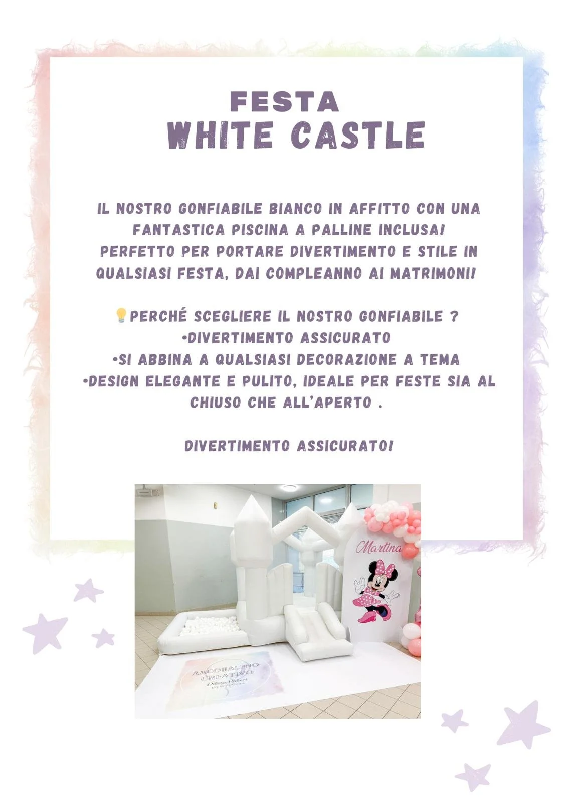 Volantino pubblicitario per una festa chiamata White Castle con gonfiabile bianco a forma di castello decorato con balloon rosa e immagine di Minnie Mouse, con descrizione delle caratteristiche e benefici del gonfiabile per eventi.