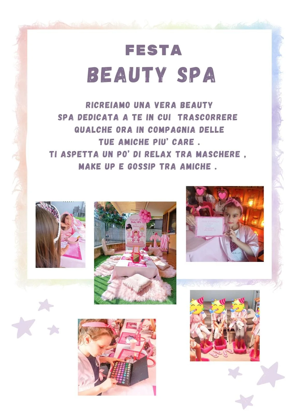 Locandina di una festa Beauty Spa con foto di bambini che partecipano a attività di trucco, fasciature per i piedi e giochi, decorazioni rosa e spazio accogliente.