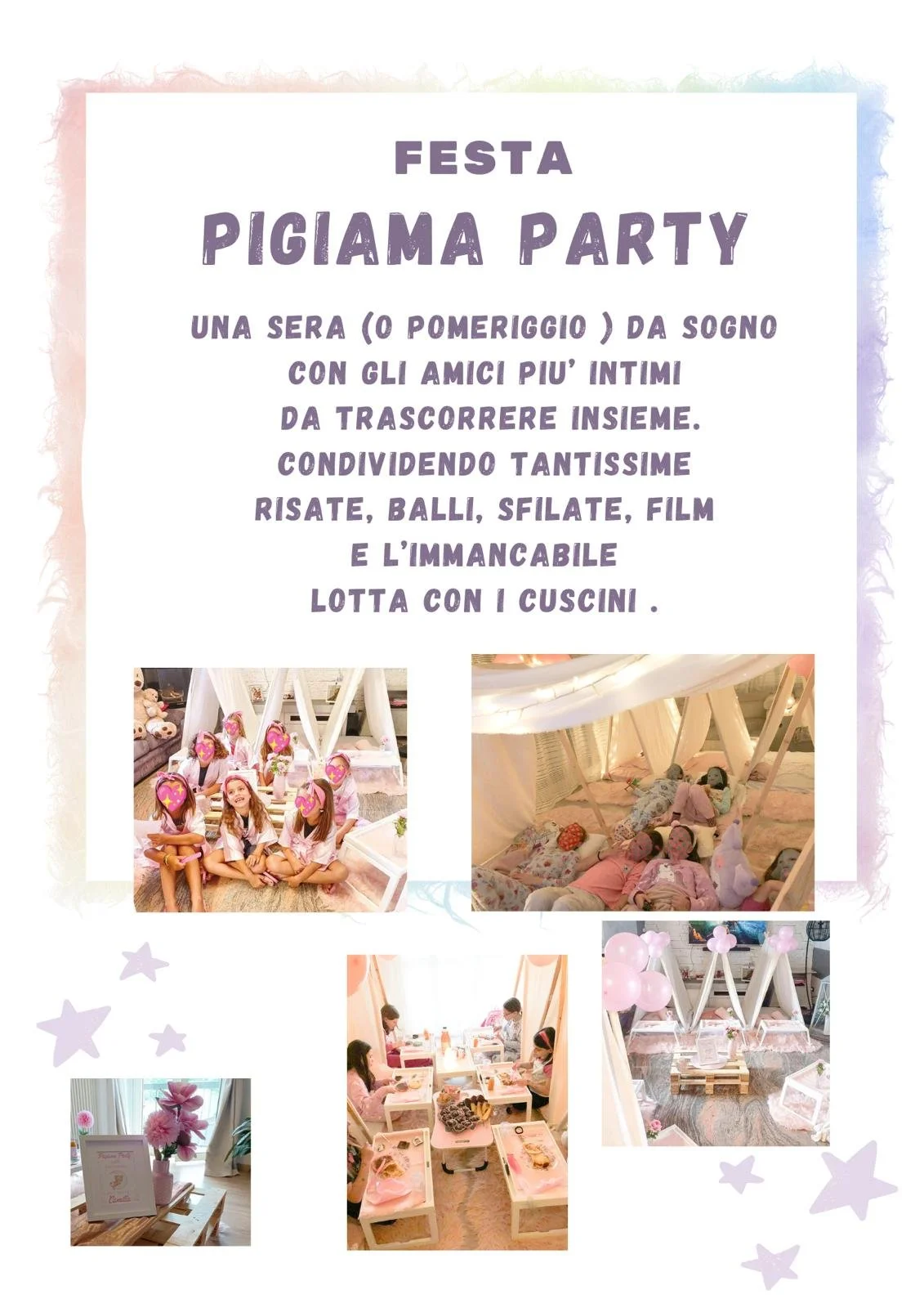 Manifesto della festa Pigiama Party con immagini di bambini che partecipano a vari giochi e attività dentro una tenda decorata, con palloncini e cuscini.