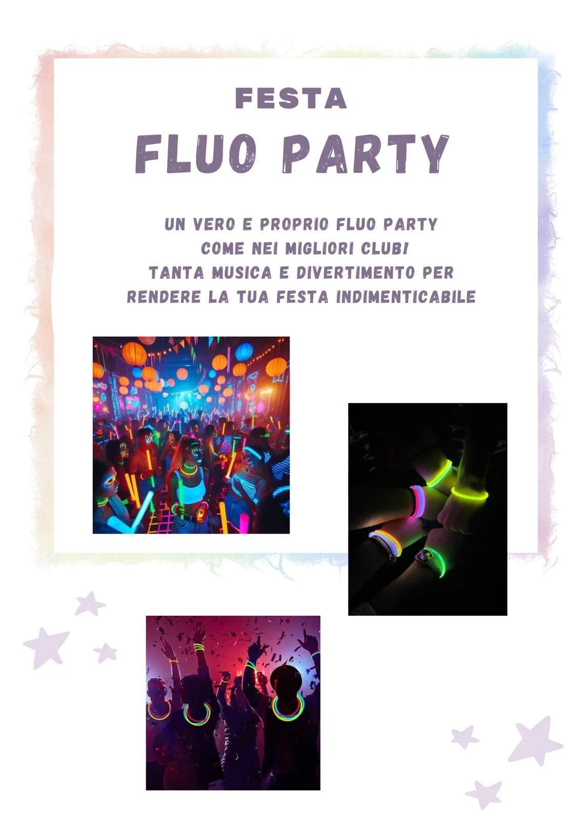 Bollo con testo promozionale per una festa a tema fluo, con immagini di persone che ballano in un ambiente con luci colorate, abiti e accessori fluorescenti e luminescenti.