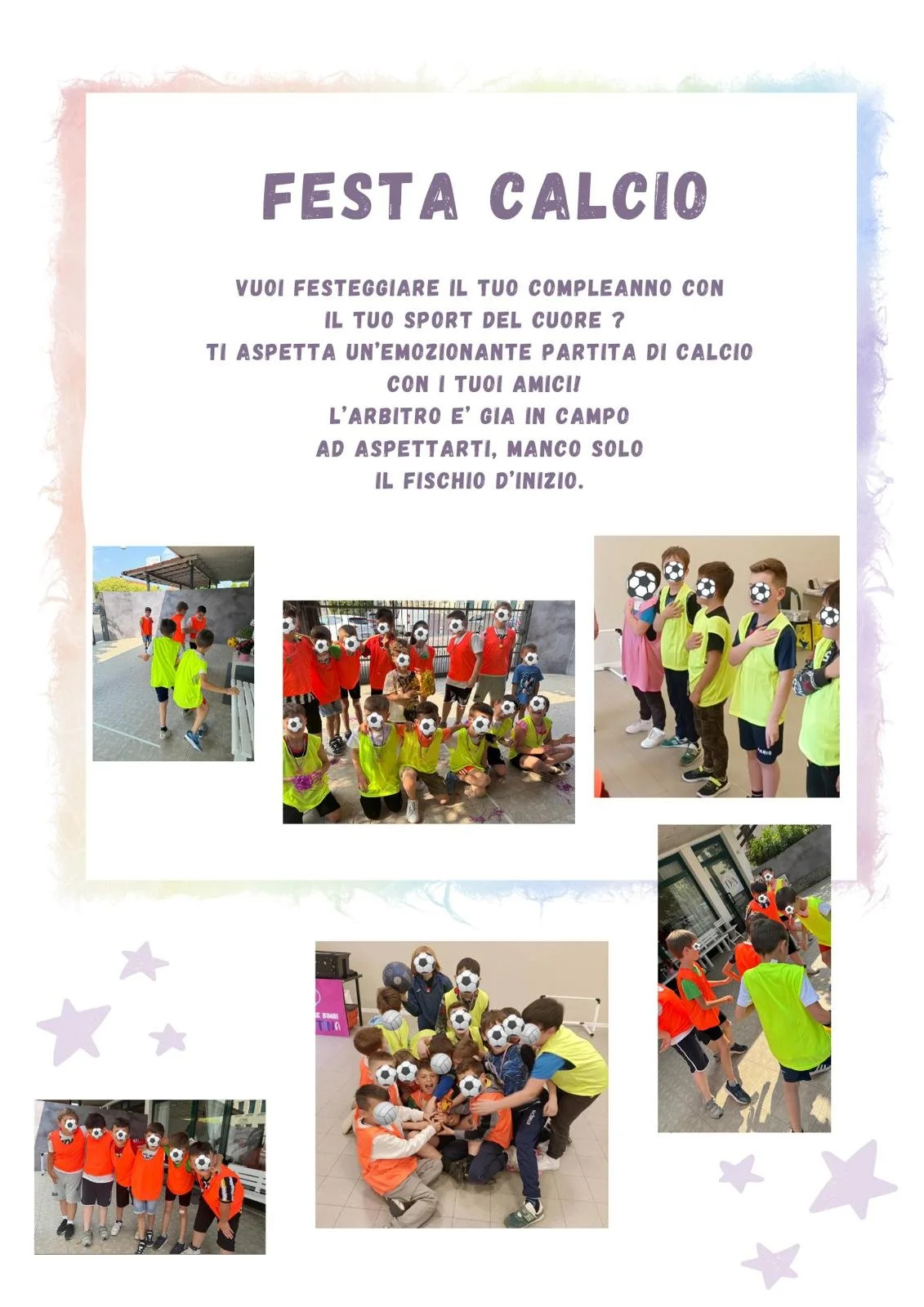 Una locandina di invito a una festa di calcio per bambini, con foto di gruppi di bambini che giocano e si divertono con palloni da calcio, in numerosi scatti all'aperto e al chiuso.