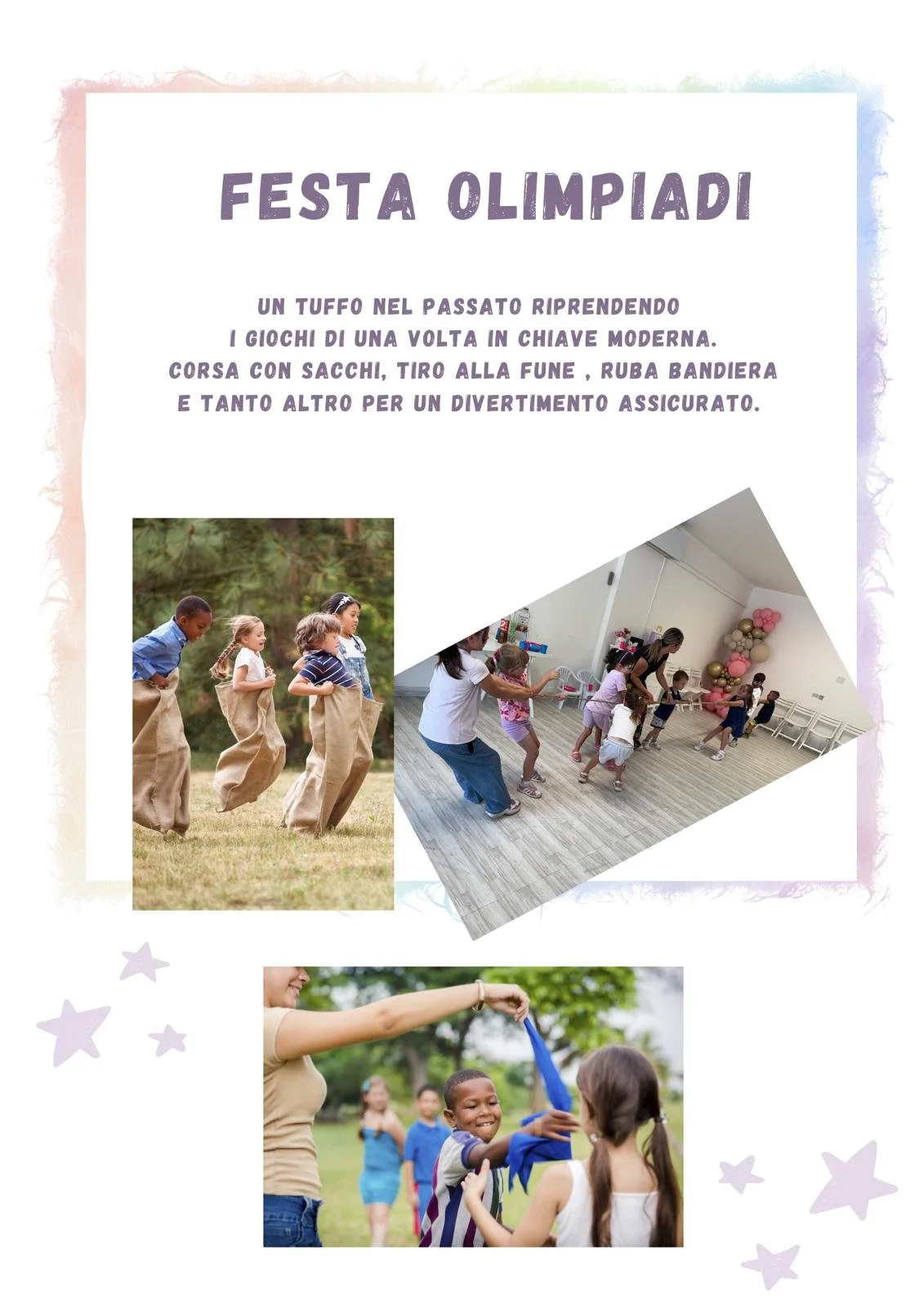 Poster intitolato "Festa Olimpiadi" con immagini di bambini che giocano a corsa con sacchi, giovani che fanno gioco di tiro alla fune e bambini che fanno a gara di barda all'aperto, decorazioni colorate sullo sfondo.