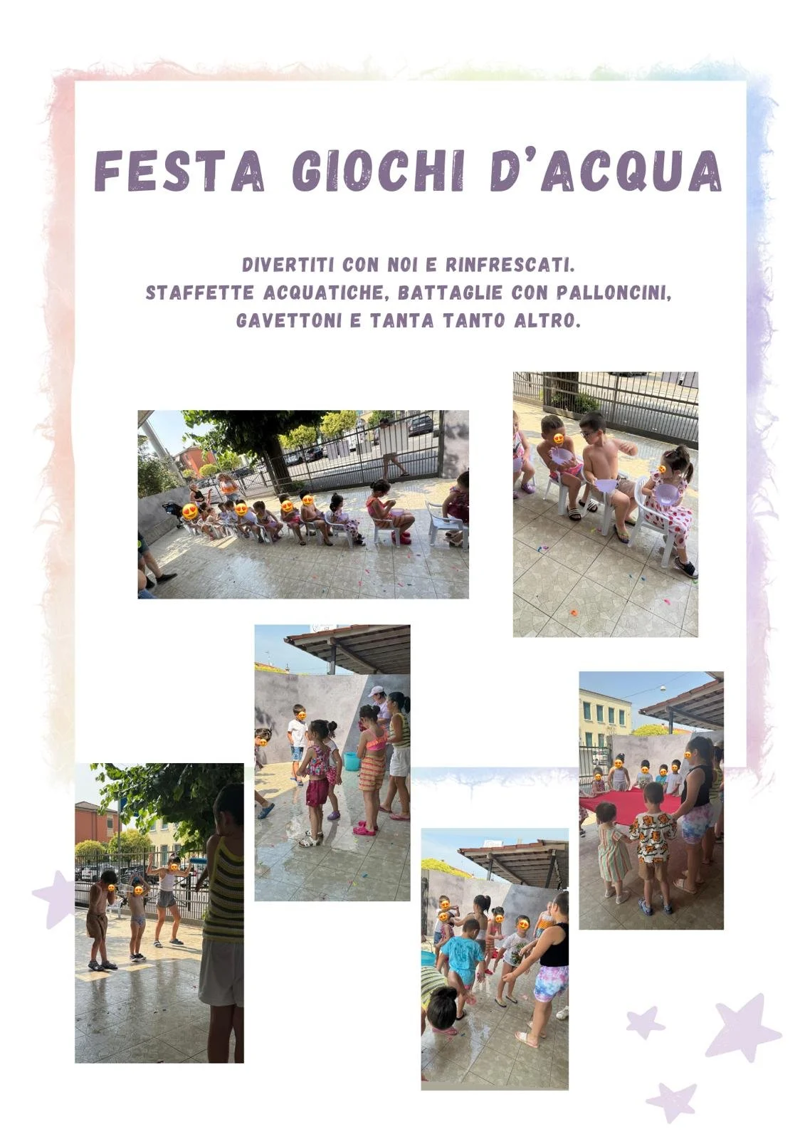 Posters che promuovono una festa di giochi d'acqua con foto di bambini che giocano con acqua e si divertono all'aperto.