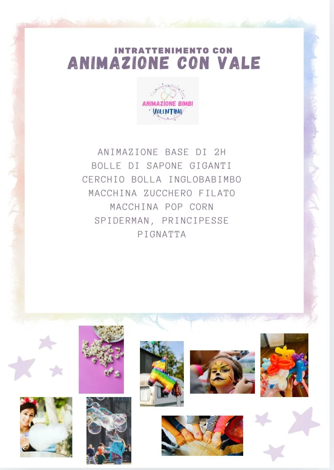 Volantino pubblicitario per un evento di animazione con valvole, include programma di attività e immagini di popcorn, feste con decorazioni colorate, bambini che si divertono e giochi.