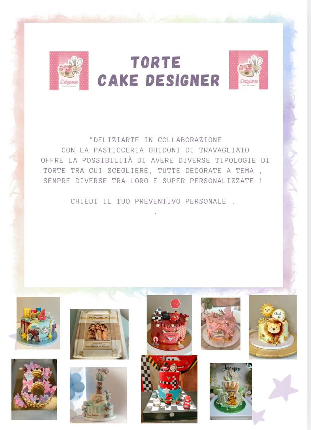 Flyer pubblicitario per torte di design personalizzate in collaborazione con pasticceria Ghidoni di Travagliato, con immagini di diverse torte decorate tematizzate per occasioni speciali.