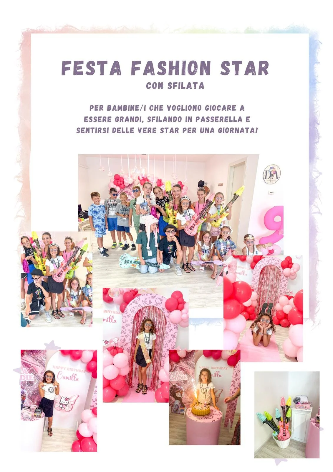 Poster di una festa per bambine con decorazioni rosa e palloncini, con foto di bambini in costume, selfie, torta di compleanno e dettagli decorativi.